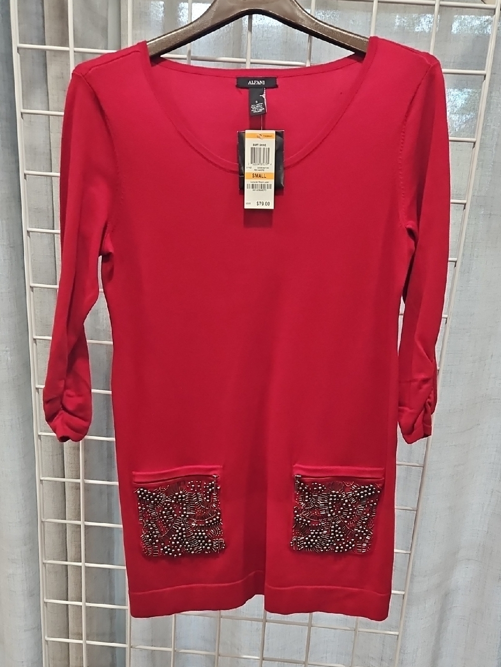 Alfani Maroon-Red Long-Sleeve Embellished Pocket Tunic NWT